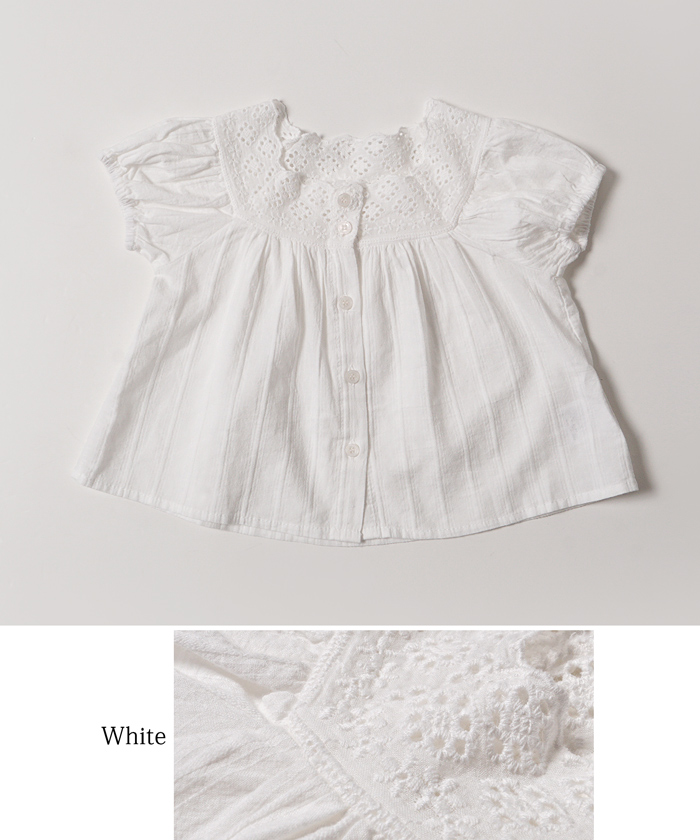 【キッズ80-120】【メール便可】花柄刺繍バルーンスリーブコットンブラウス(子供服 半袖 フレア ボタン 女の子 80 90 100 110 120 coca コカ)